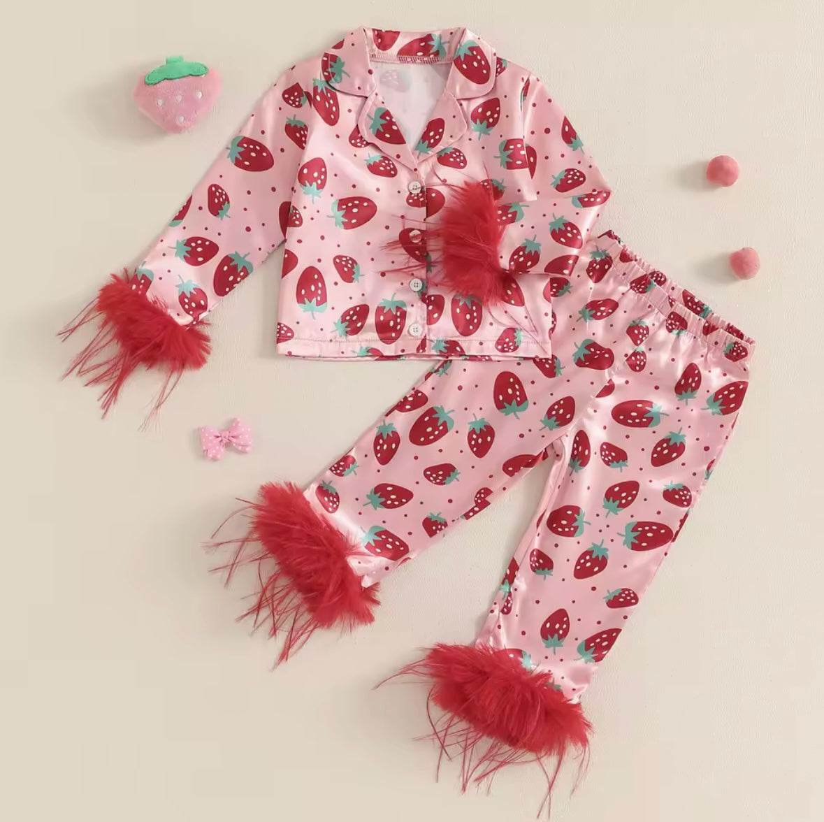 Pink, White + Red Strawberry Silk PJ Set