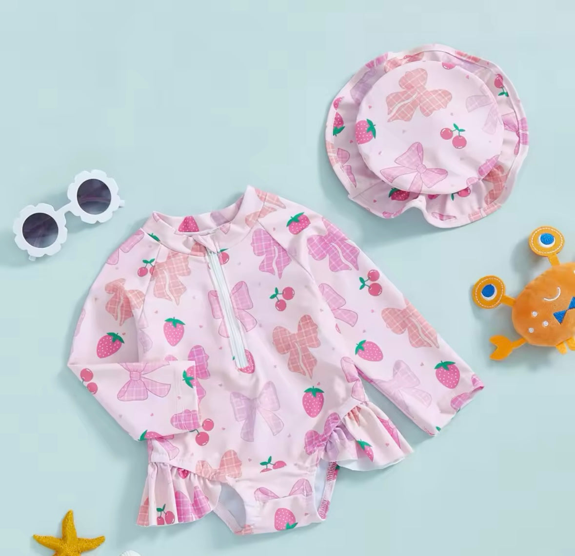 Cherry, Strawberry & Daisy Print Ruffled Swimsuits