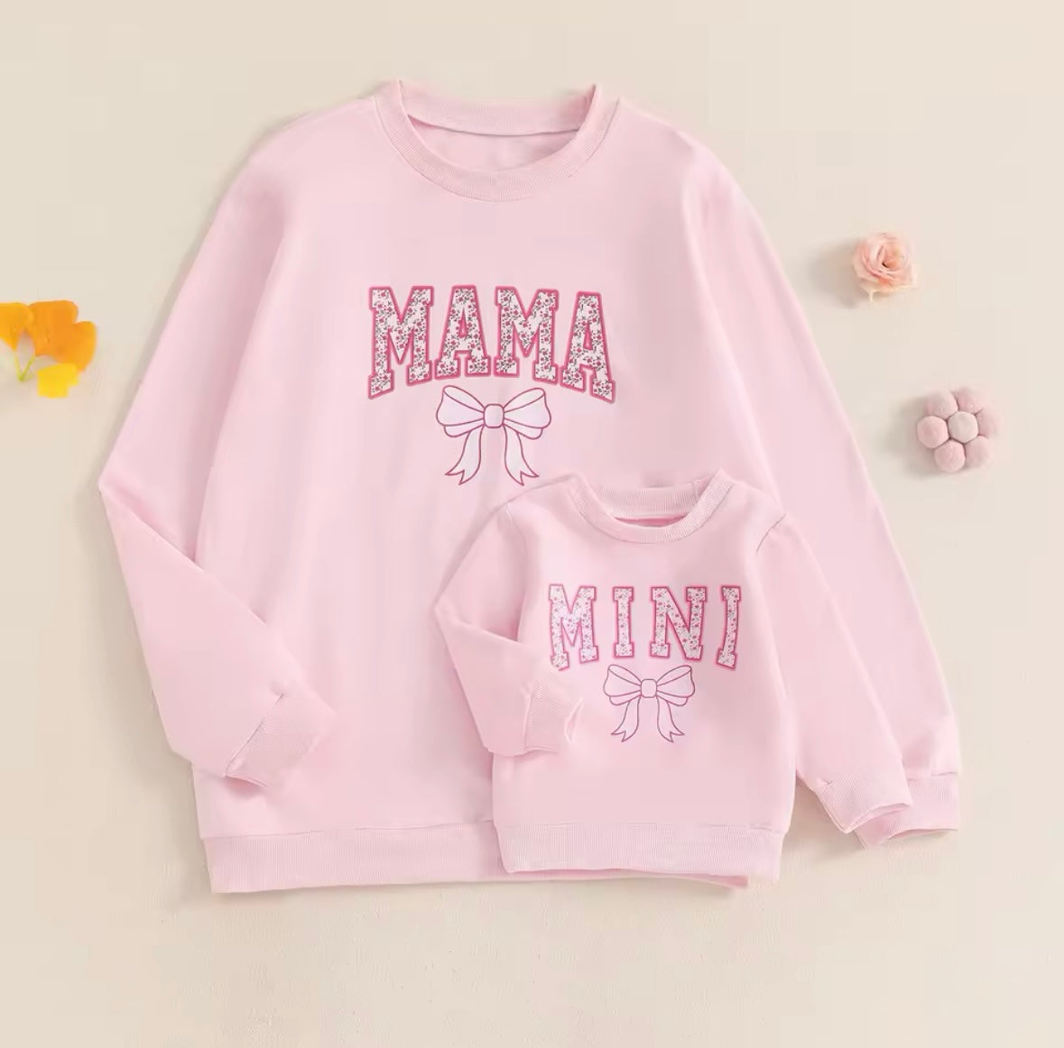 Mama + Mini Embroidered Top Pink Bow Pullovers (Mama)