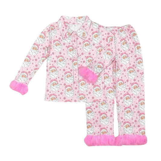 Santa 2-Piece Button Down Pink Fur PJ Set (Mama)