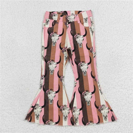 Striped Bull Skull Floral Bell Bottoms