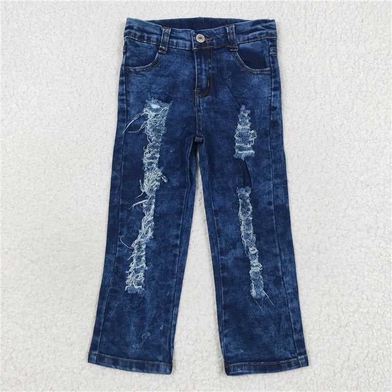 Straight Leg Dark Washed Distressed Jeans