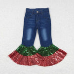 Green + Red Christmas Sequin Denim Flares