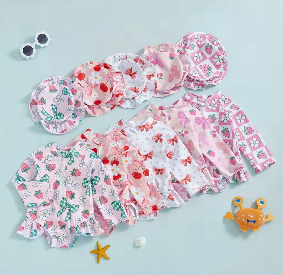 Cherry, Strawberry & Daisy Print Ruffled Swimsuits