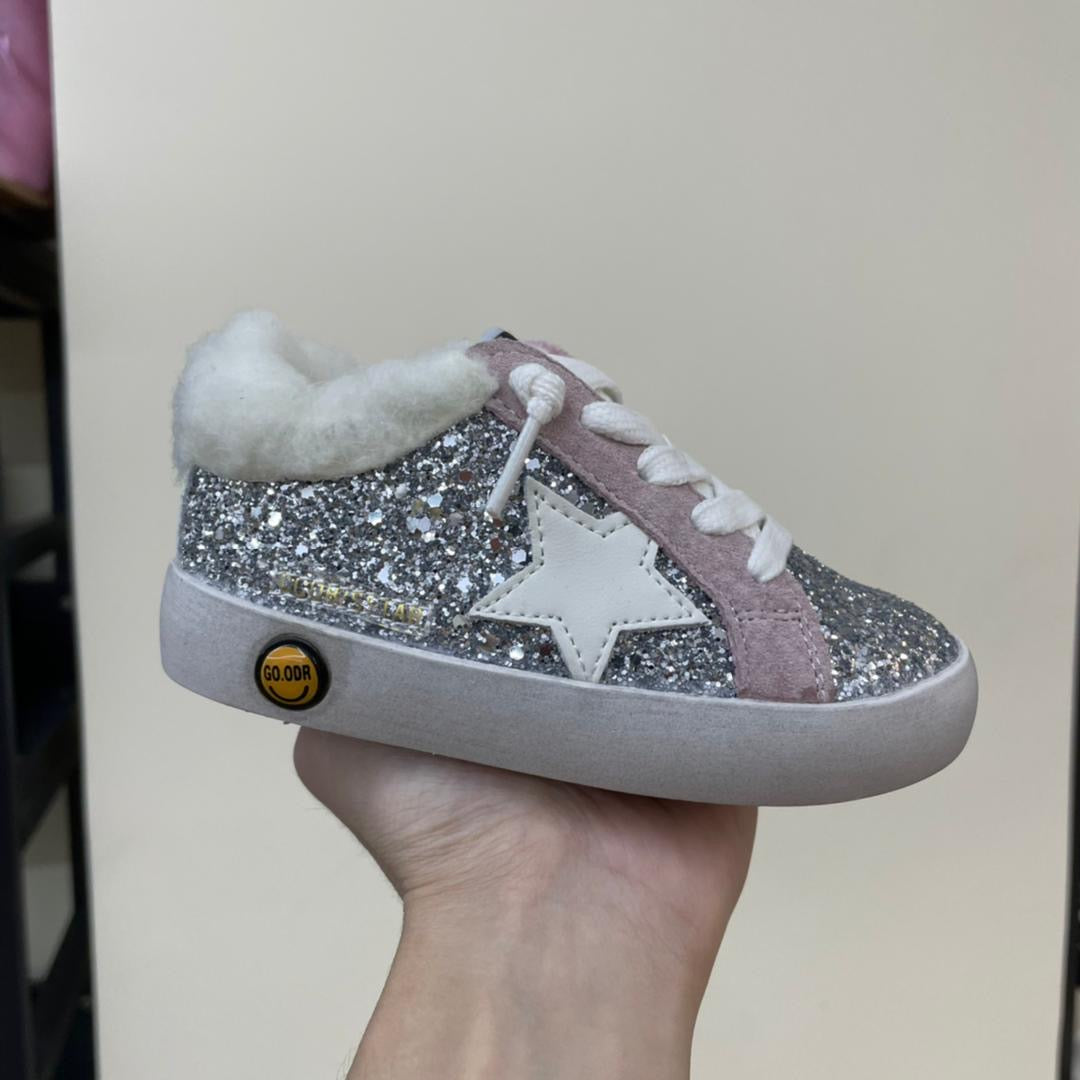 Silver Beweled Fur Sequin Star Sneakers w/ Pink Detail