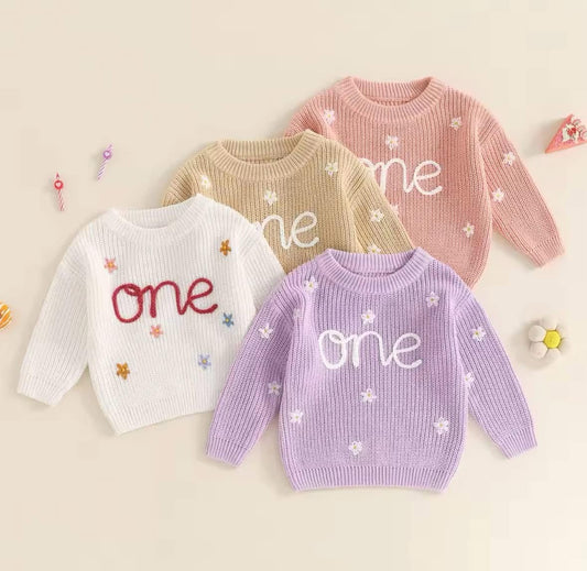 Little Miss Daisy “One” Embroidered Knit Sweaters