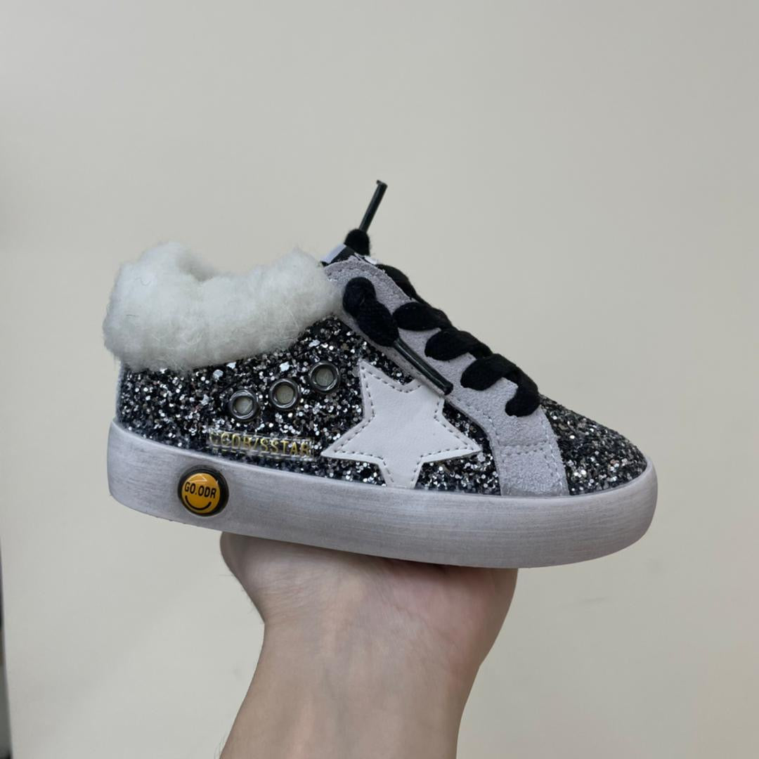 Gray & Black Beweled Fur Sequin Star Sneakers