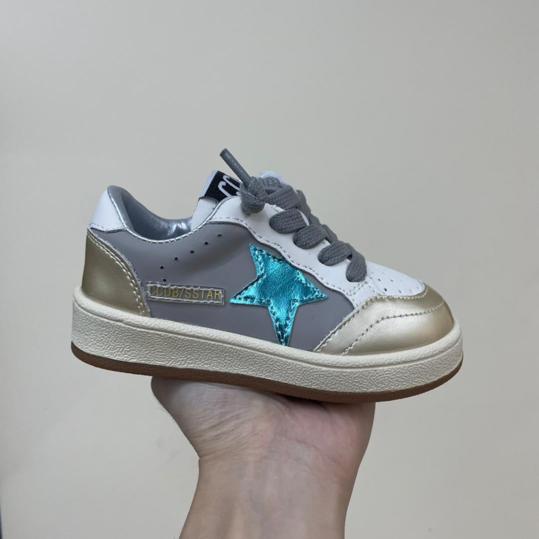 Gray, Gold + Teal Metallic Star Sneakers