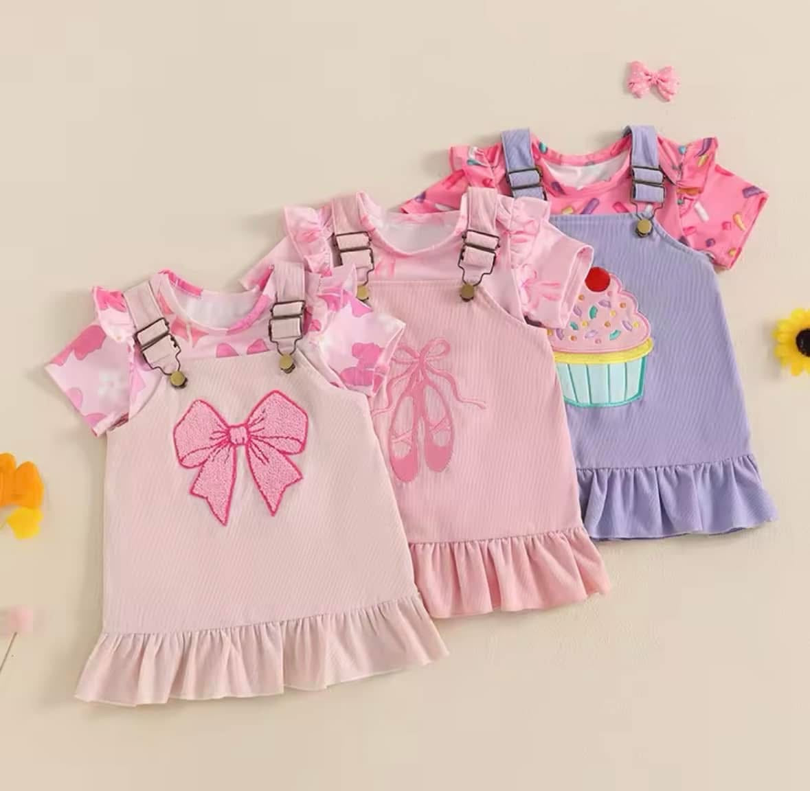 Embroidered Bow, Ballet & Cupcake Overall Dress Set