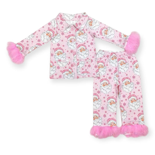 Santa 2-Piece Button Down Pink Fur PJ Set