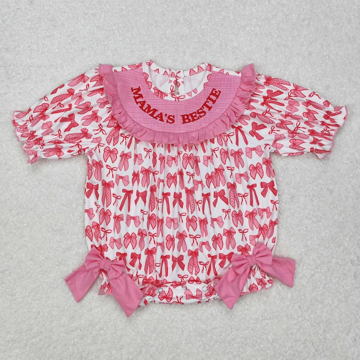 Mama’s Bestie Smocked White + Pink Bow Romper