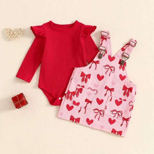 2-Piece Corduroy Overall V-Day Pink & Red Set