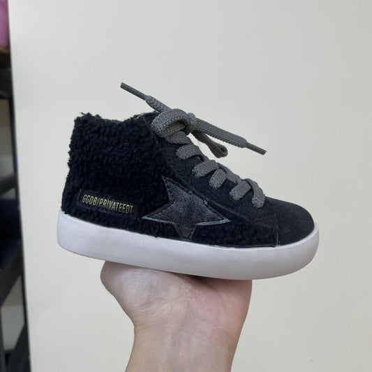 Full Black & Gray Fur High Top Star Sneakers