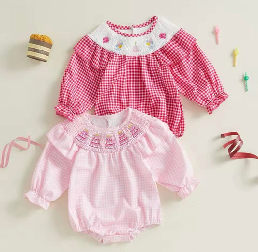 Plaid Pink & Red Birthday Cake Smocked Rompers