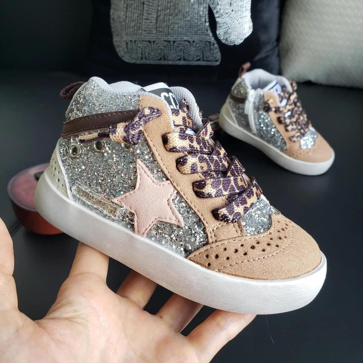 Brown & Silver Sequin High Top Star Sneakers w/ Leopard Laces