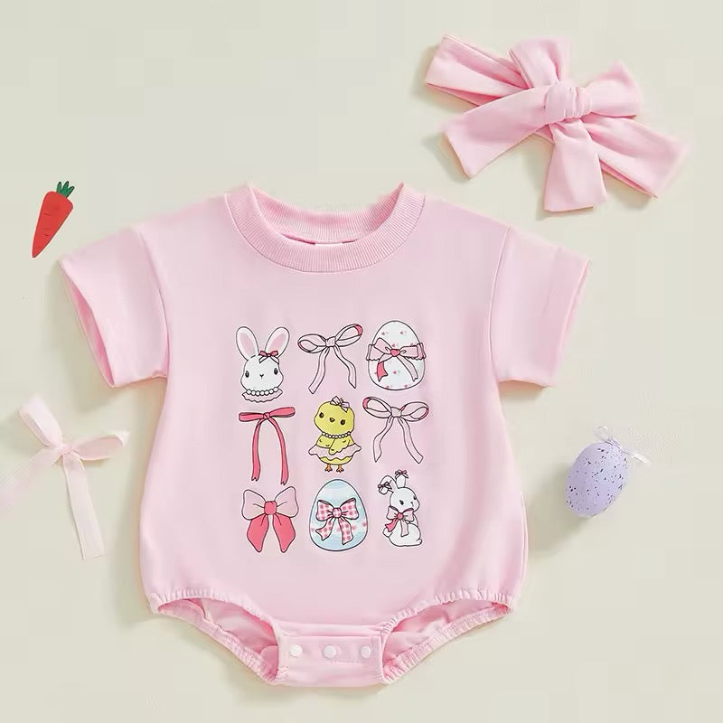 Short Sleeved Multi Easter Printed Bow Onesie