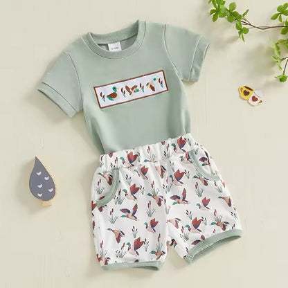 Embroidered Multi Duck Print 2-Piece Short Set