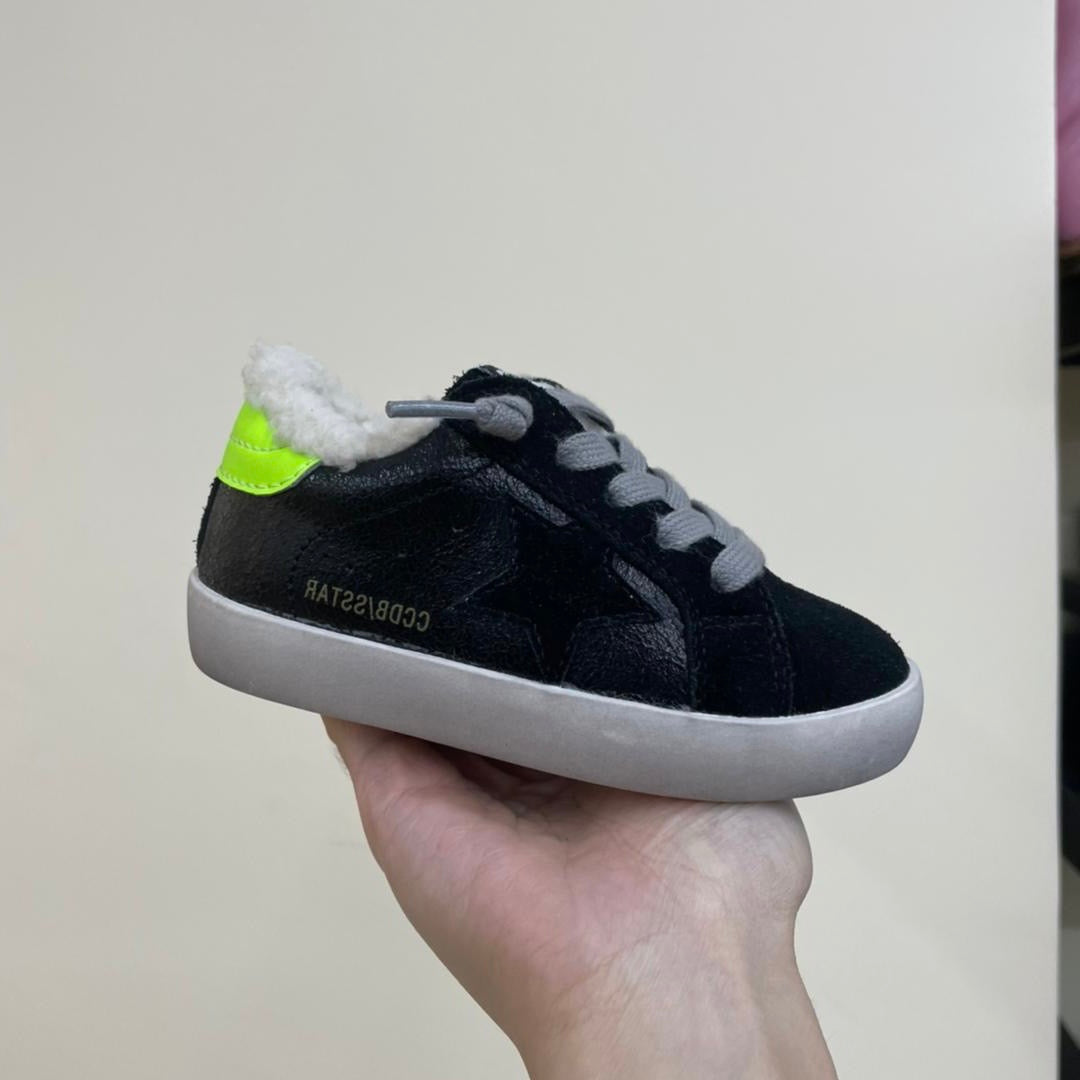 Full Black Fur Star Sneakers w/ Lime Green Detail