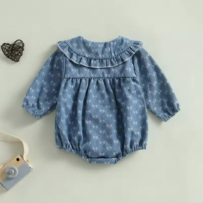 Smocked Denim Long Sleeved Bubble Romper