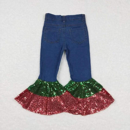 Green + Red Christmas Sequin Denim Flares