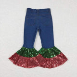 Green + Red Christmas Sequin Denim Flares