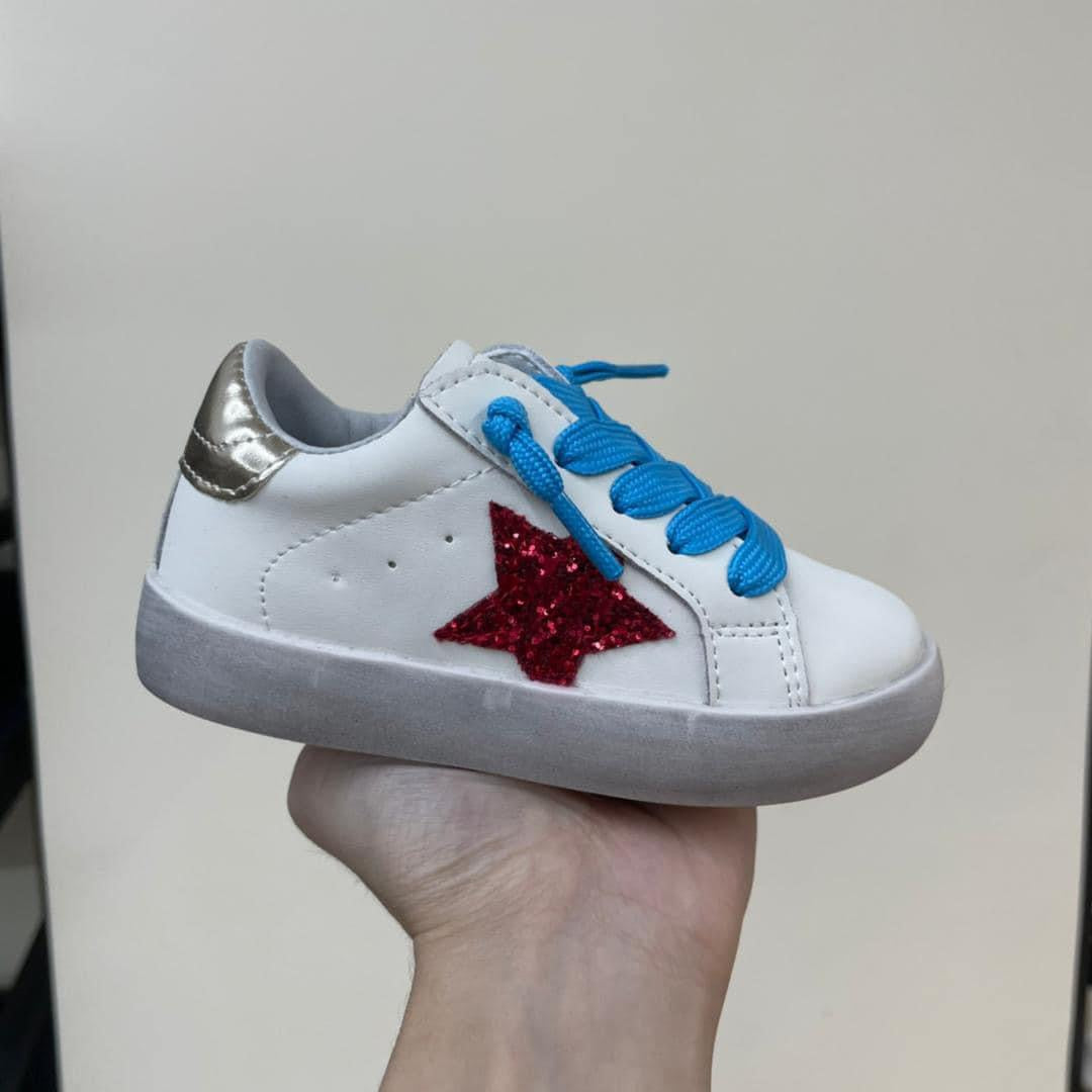 White, Blue, Gold & Red Sequin Star Sneakers