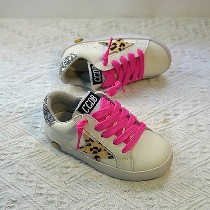 Leopard Sequin Star Sneakers w/ Hot Pink Laces