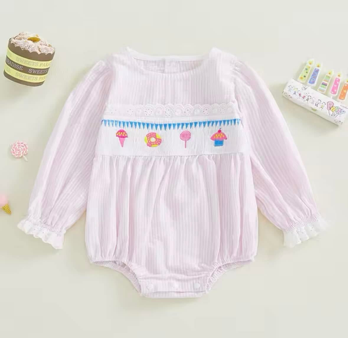 Light Pink Striped Cupcake & Sucker Smocked B-Day Romper