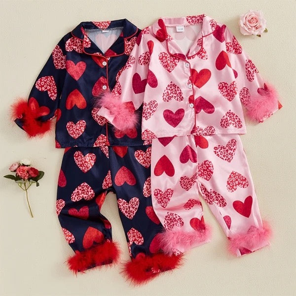 Silk Button Down Fur Heart Pajamas