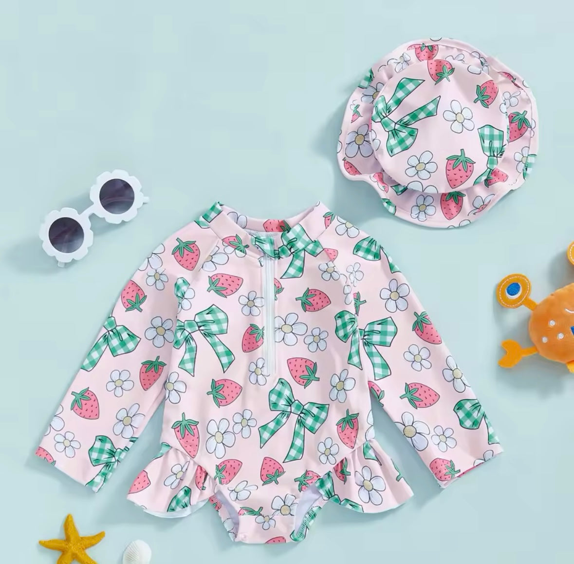 Cherry, Strawberry & Daisy Print Ruffled Swimsuits