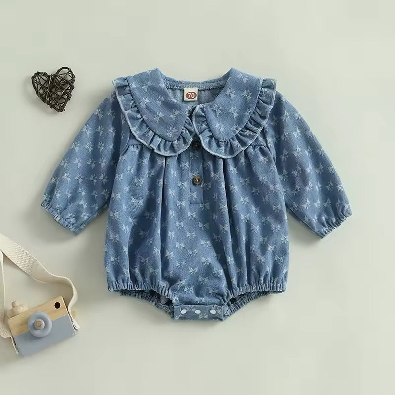 Smocked Denim Long Sleeved Bubble Romper