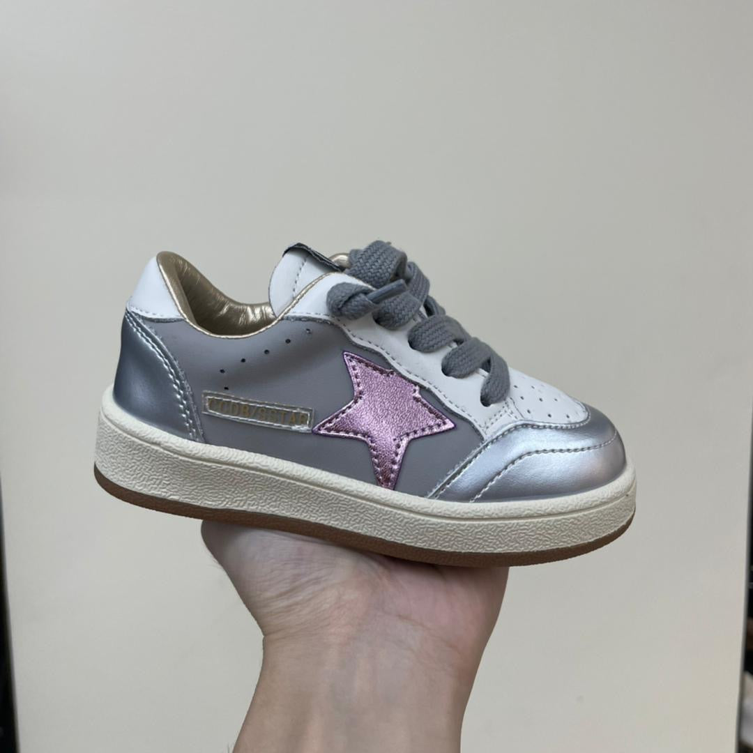 Gray, Pink + Silver Metallic Star Sneakers