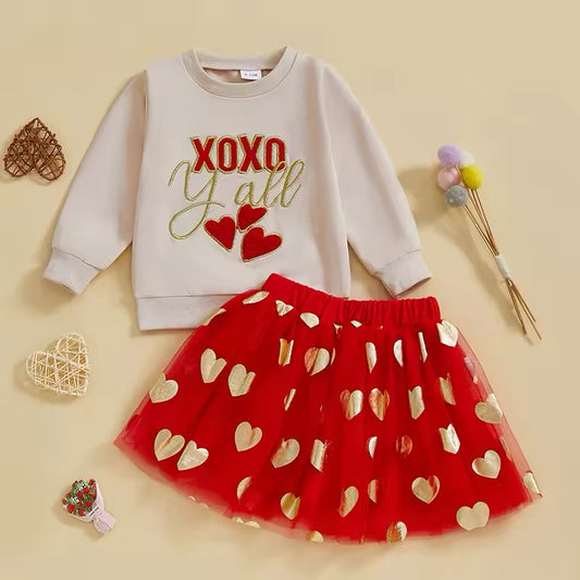 XOXO Y’all V-Day Red & Gold Heart Skirt Set