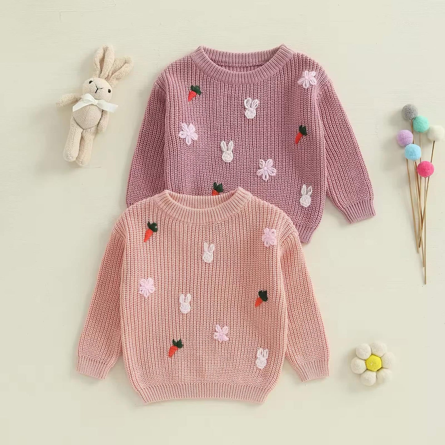 Easter Bunny Carrot & Daisy Embroidered Knit Sweaters