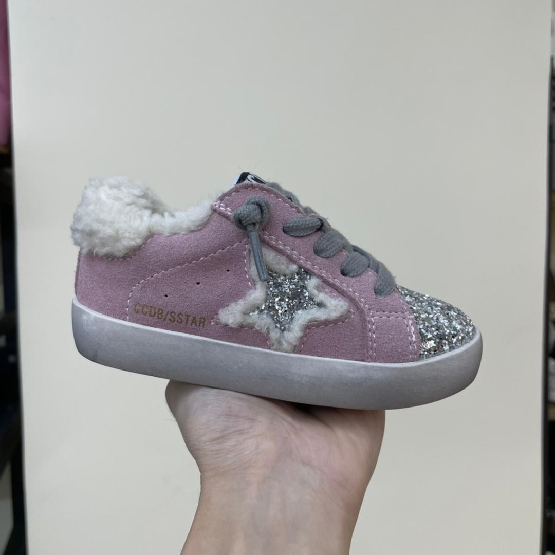 Pink Beweled Fur Sequin Star Sneakers w/ Silver Detail