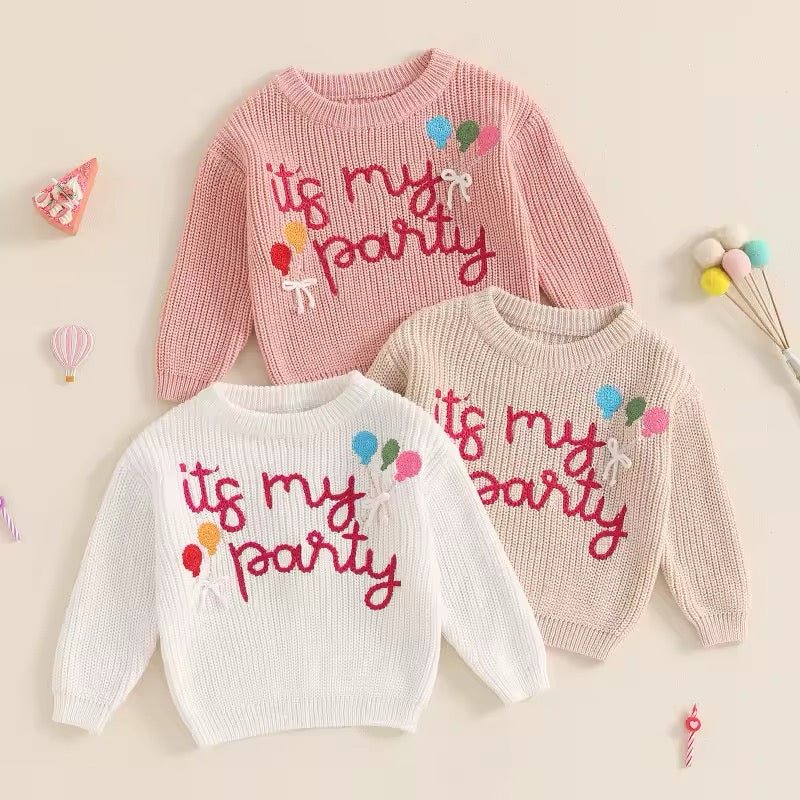 It’s My Party Balloon Embroidered Knit Sweaters